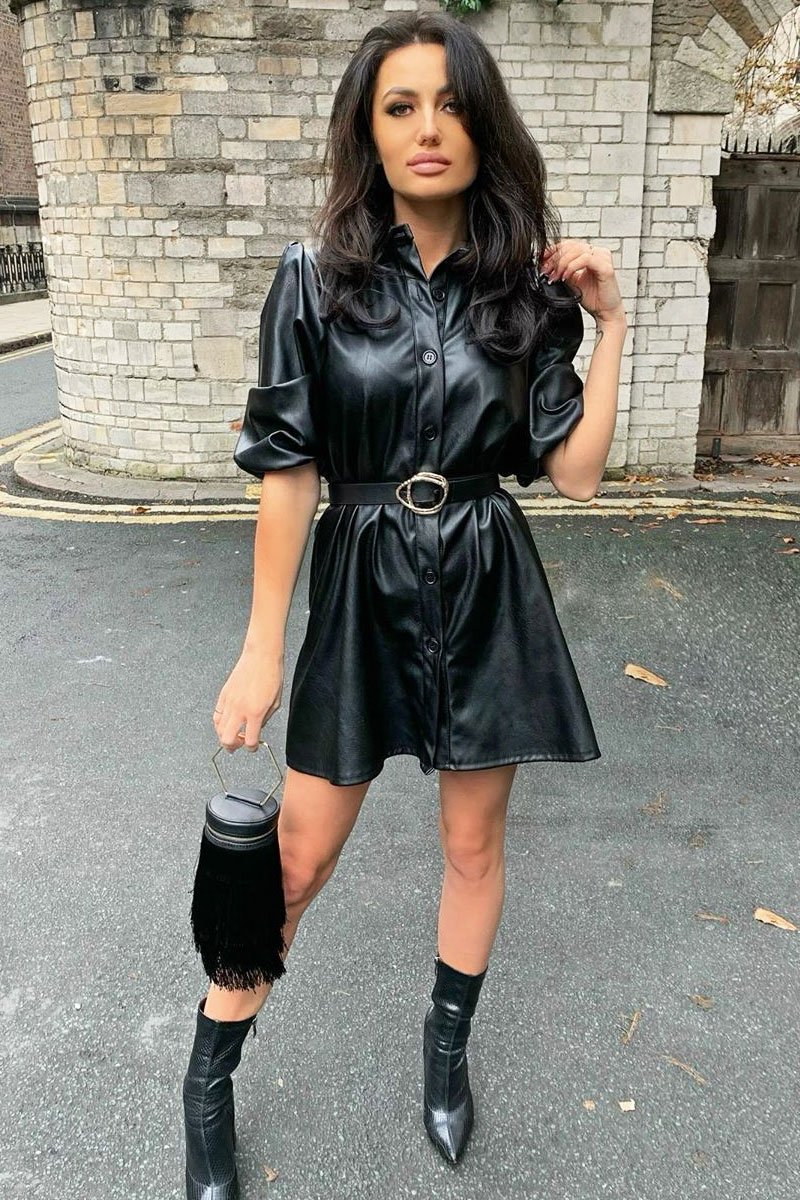 Black Faux Leather Puff Sleeve Shirt ...